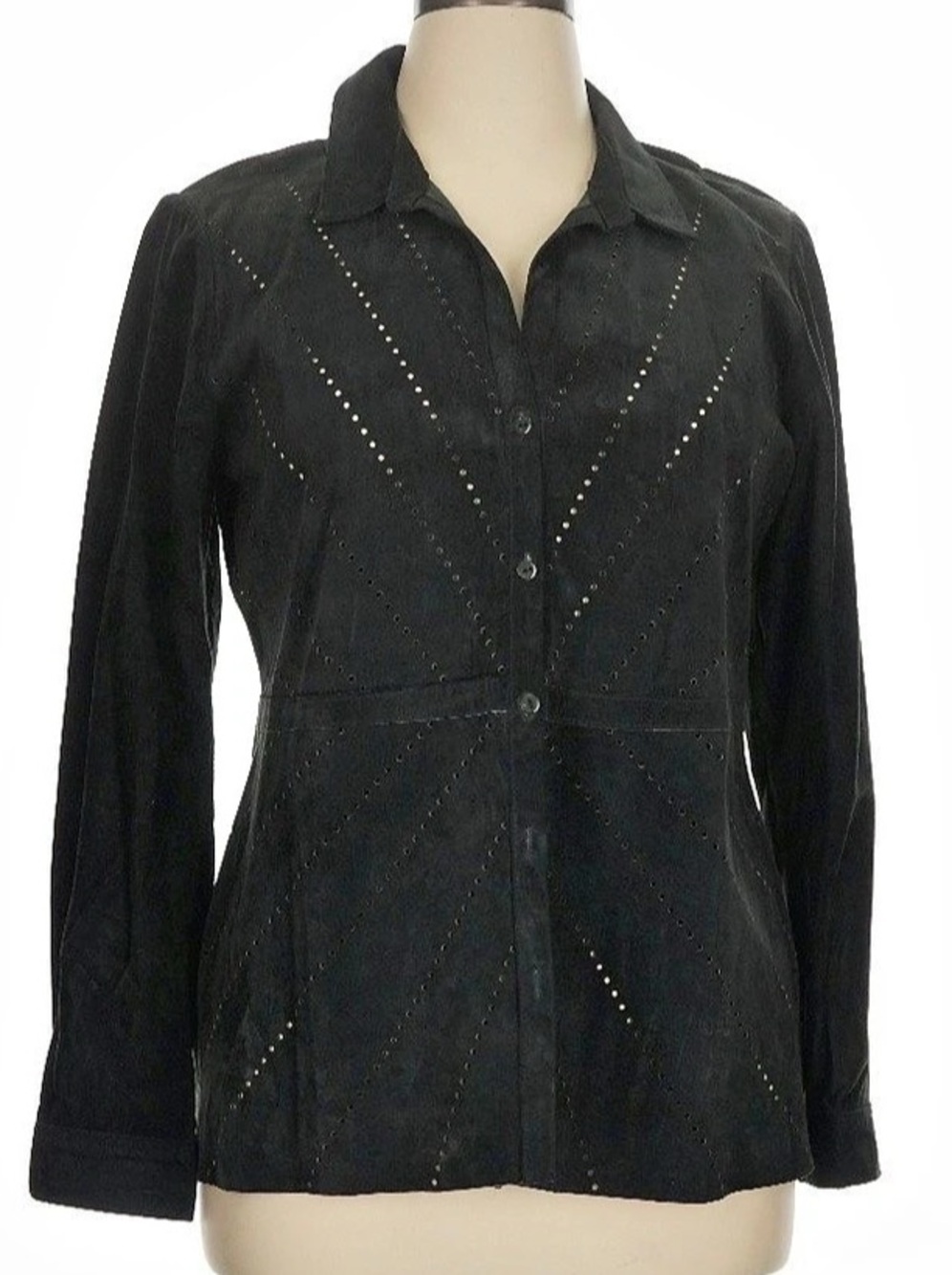 Ecru Black Perforated Genuine Suede Button Up Shirt Jacket Shacket XL
